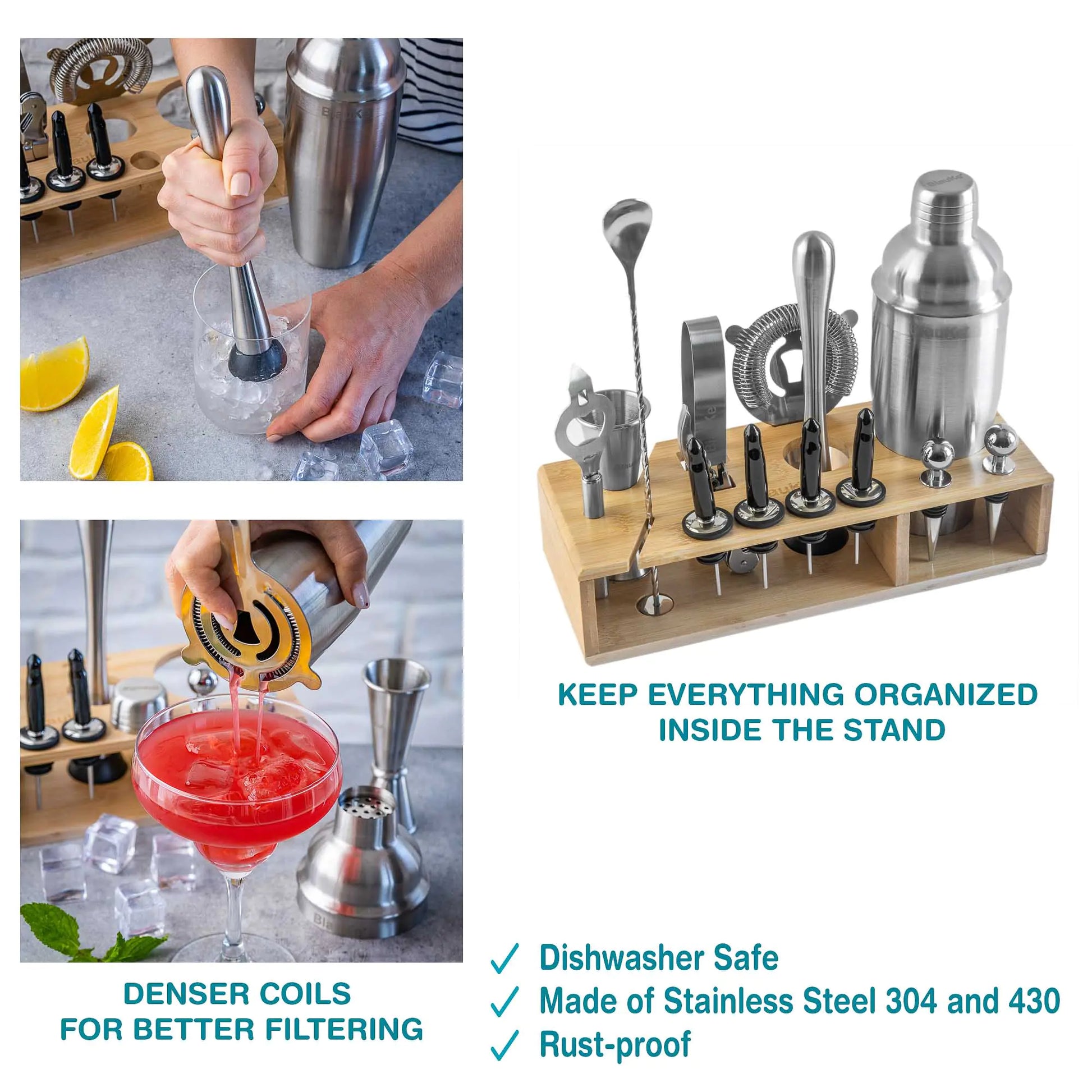 Stainless Steel Cocktail Shaker Set with Stand - 17-Piece Mixology Bartender Kit, Bar Set - 25oz Martini Shaker, Jigger, Strainer, Muddler, Mixing Spoon - BlissfulBasic
