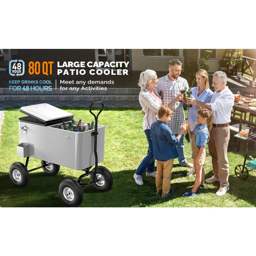 80 Quart Portable Wagon Cooler Ice Chest with wide tires.