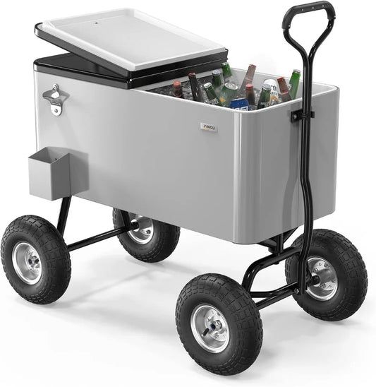 80 Quart Portable Wagon Cooler Ice Chest with wide tires.