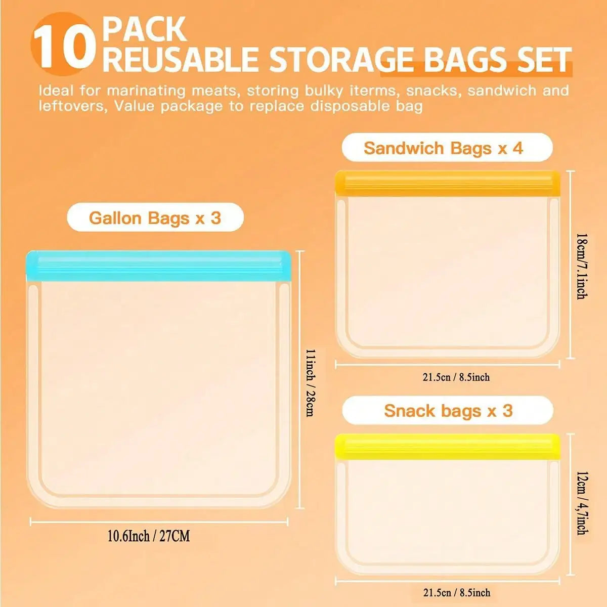 Reusable Food Bags (Silicone 10 Pack) | Silicone Food Storage Bags 